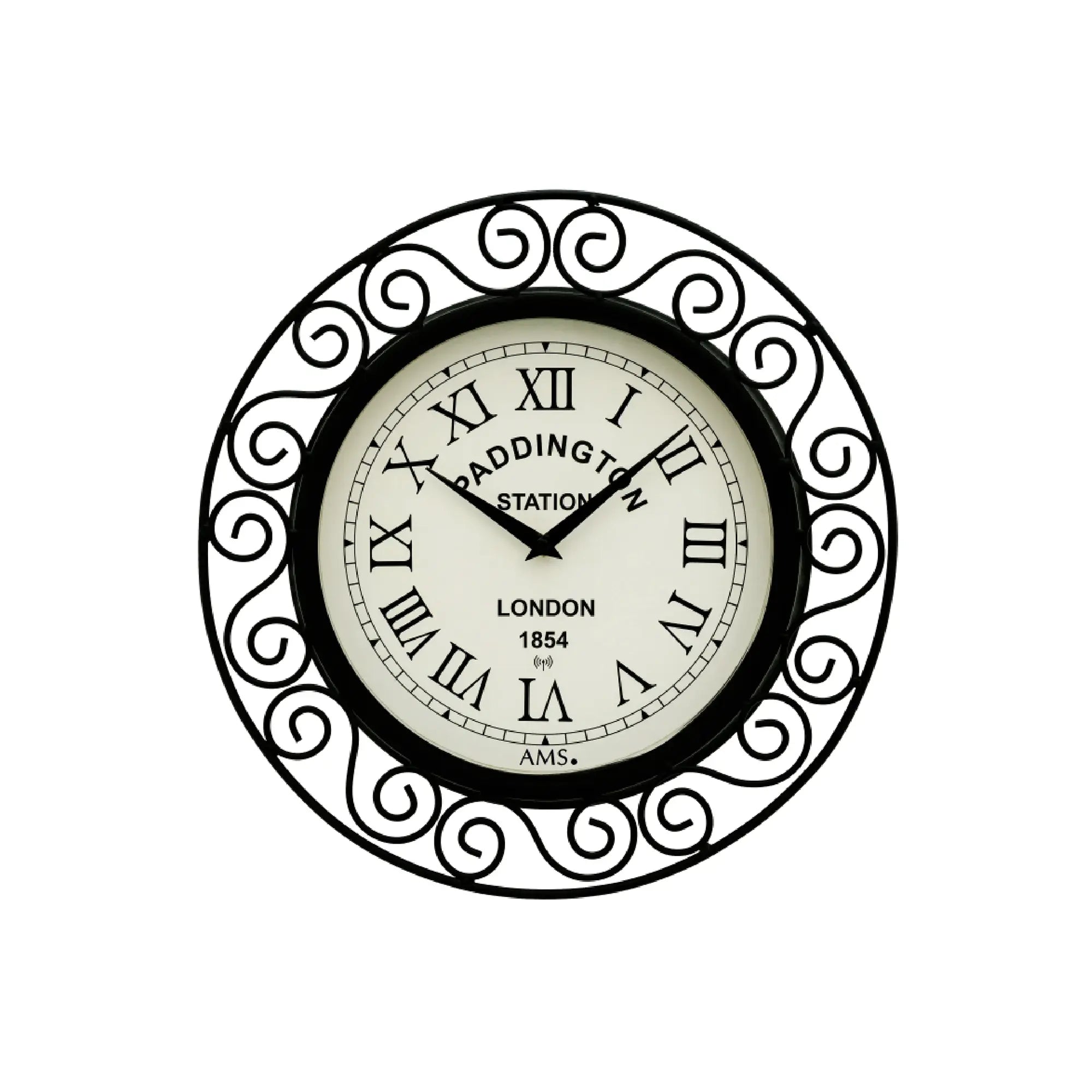 AMS Funk-Wanduhr, runder schwarzer Metallrahmen mit Ornamenten und cremefarbenem Zifferblatt