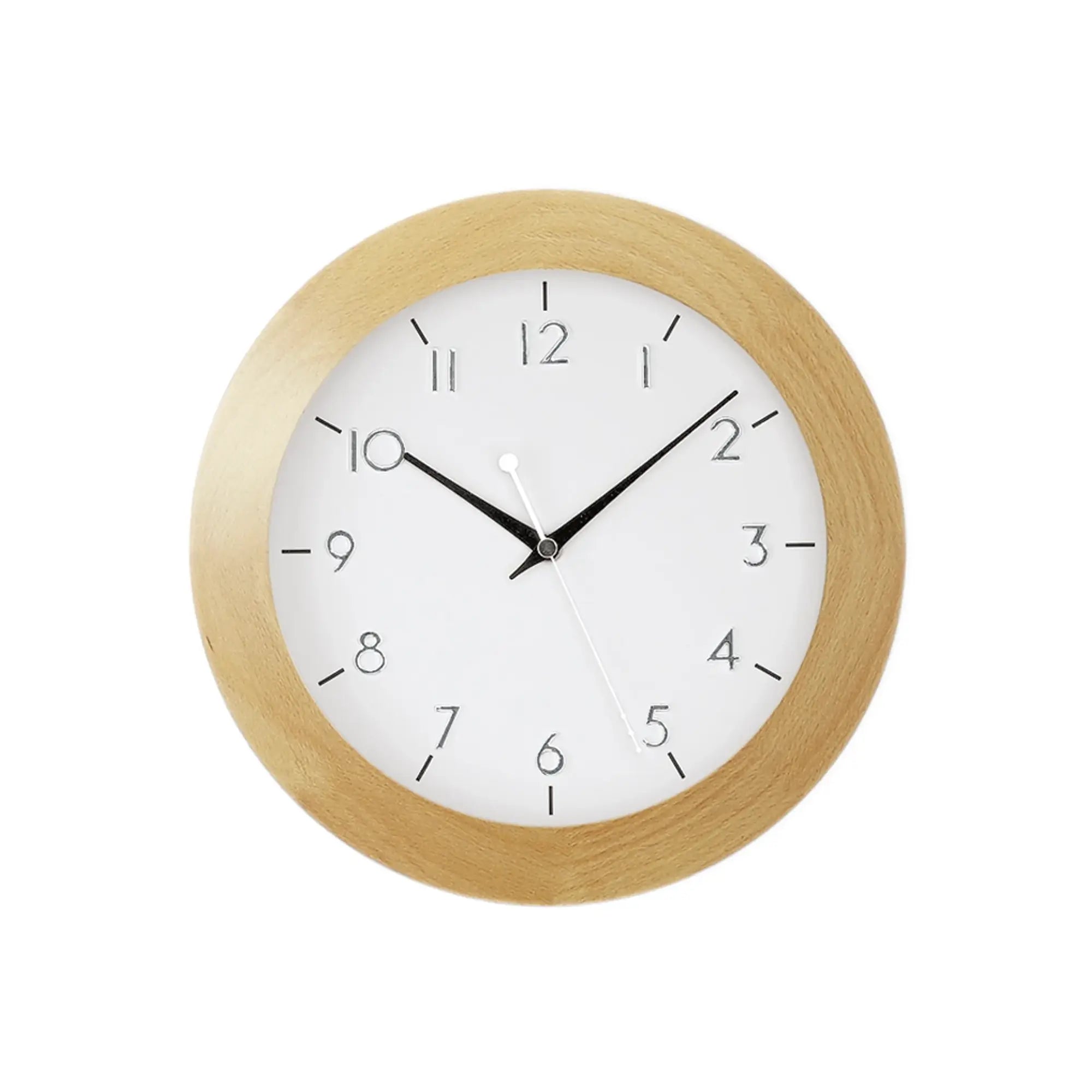 Wanduhr mit rundem Holzrahmen, weißem Zifferblatt und schwarzen Zeigern