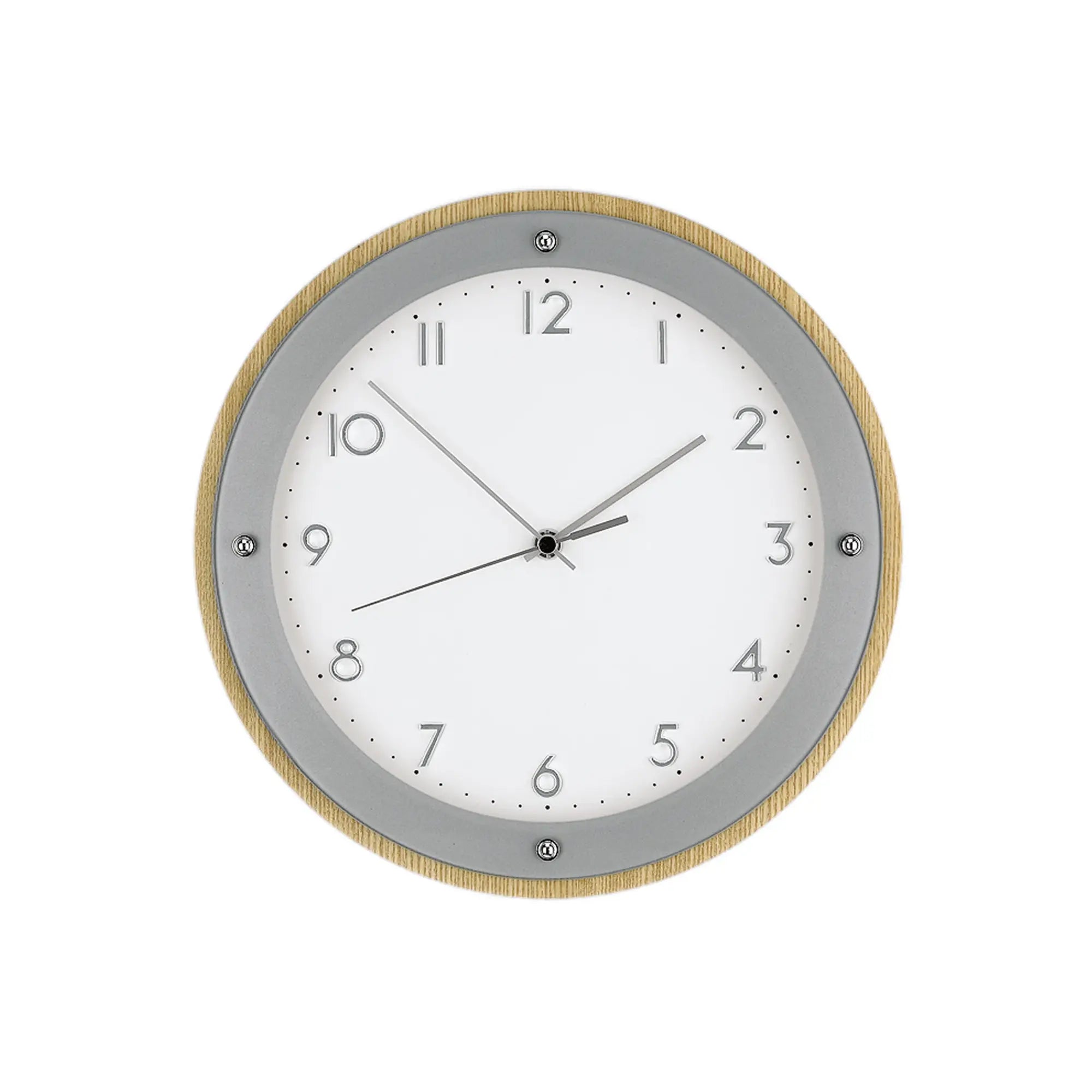 Wanduhr mit furniertem Holzrahmen, grauem Ziffernblatt und arabischen Ziffern