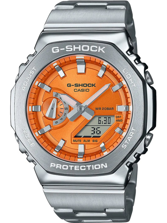 Casio G-Shock GM-2110D-4AER Uhr • Edelstahl-Design • Orangefarbenes Zifferblatt