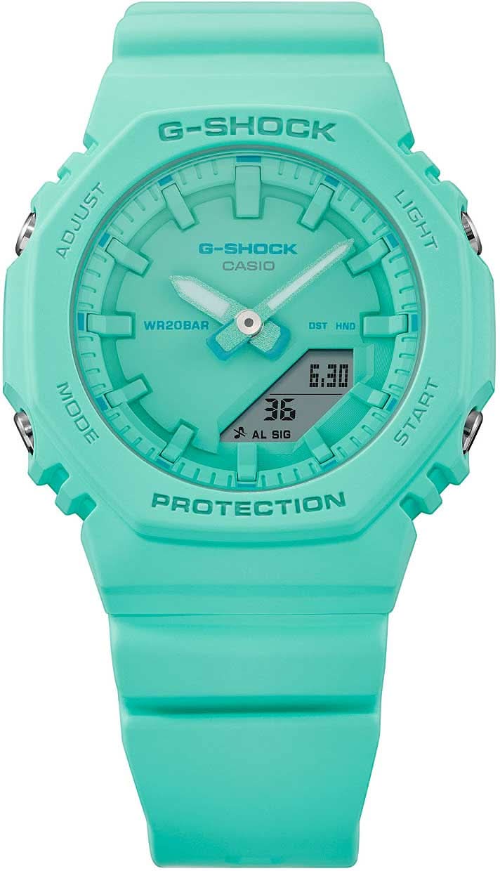 Casio G-Shock Damenuhr mit türkisfarbenem Kunststoffarmband und rundem Display
