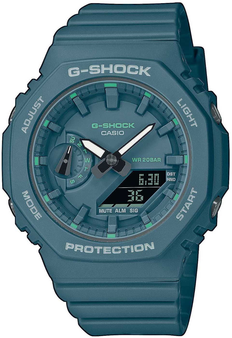 Casio G‑SHOCK Damenuhr mit blauem Armband und rundem Gehäuse, digitale Anzeige