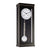 Wanduhr mit rechteckigem schwarzem Holzgehäuse, rundes Pendelgewicht und weißes Ziffernblatt