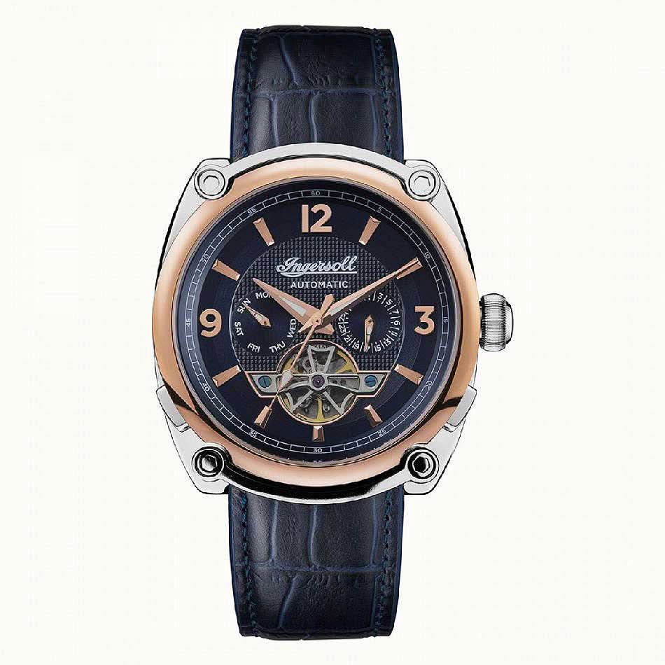 Ingersoll Herrenarmbanduhr mit Automatik, rundem silberfarbenem Gehäuse, blauem Zifferblatt, Lederband