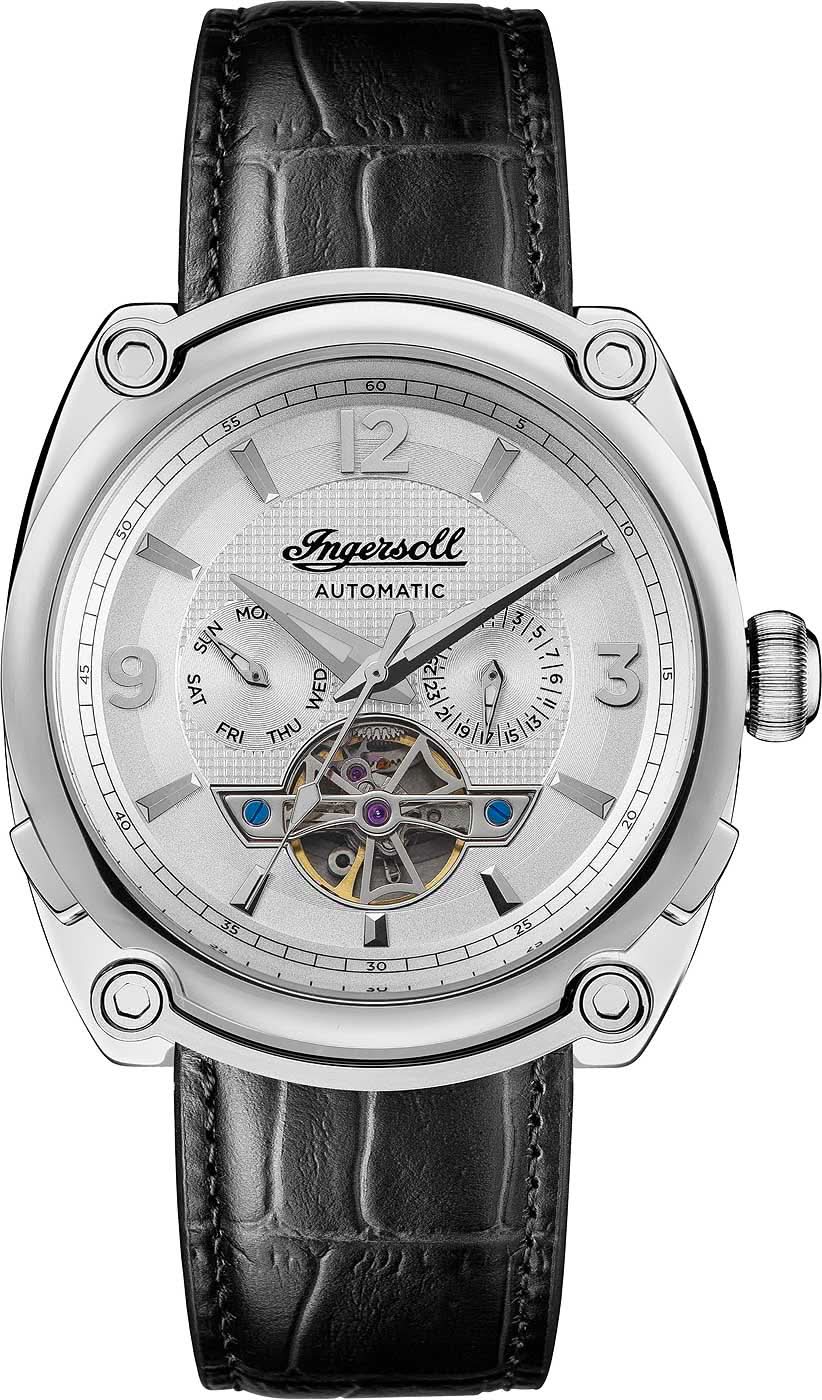 Herrenuhr mit schwarzem Lederarmband und silbernem Zifferblatt, Automatikwerk sichtbar