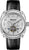 Herrenuhr mit schwarzem Lederarmband und silbernem Zifferblatt, Automatikwerk sichtbar