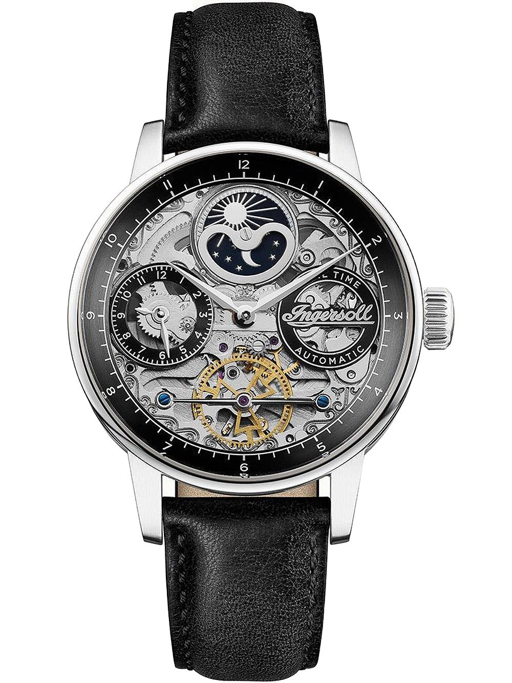 Herrenarmbanduhr mit Skelettzifferblatt, Mondphase, silbernem Gehäuse und schwarzem Lederband