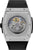 Herrenarmbanduhr mit Sichtboden und Automatikkaliber, schwarzem geripptem Silikonband.