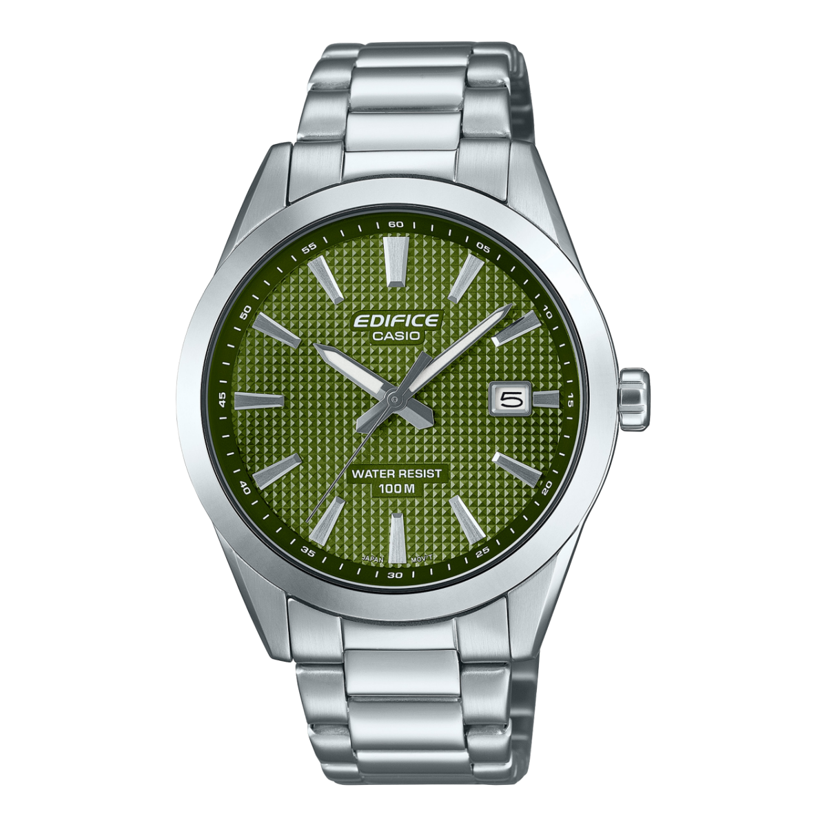 Casio Edifice Herrenarmbanduhr mit Metallarmband, grünem Zifferblatt und Datumsfenster.