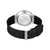 Damenuhr Verschlussansicht: schwarzes Lederarmband mit Dornschließe, silbernes Gehäuse