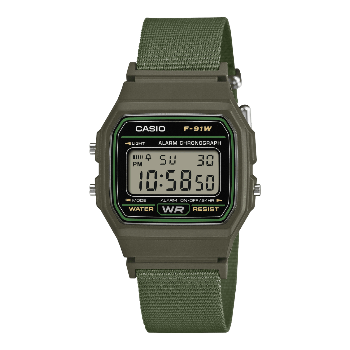 Casio F-91WF-3AEF Timeless Collection Damen- und Jugenduhr Khaki • Recyceltes Textilarmband • LED-Beleuchtung