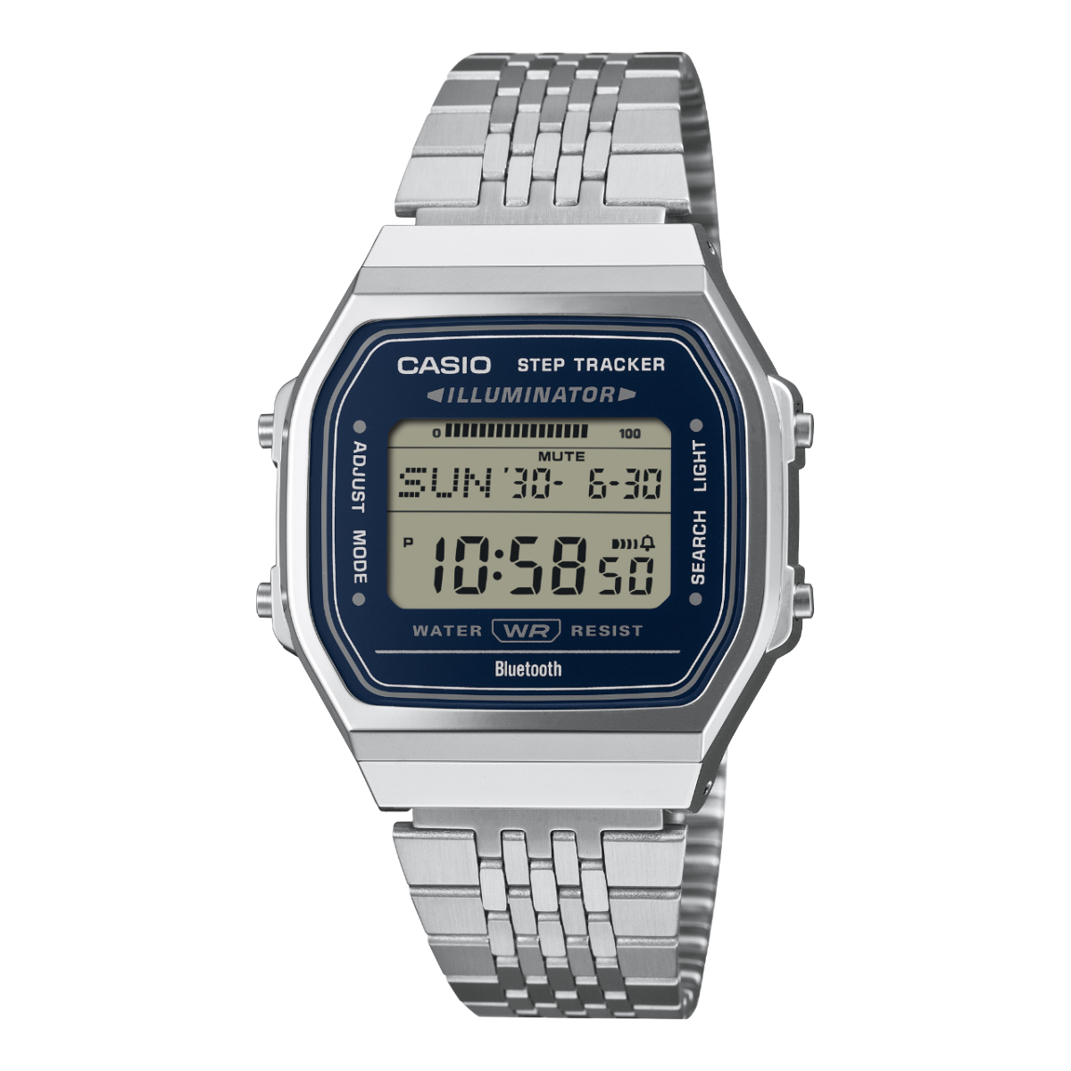Casio Vintage ABL-100WE-2AEF digitale Armbanduhr mit silbernem Metallband und blauem Display