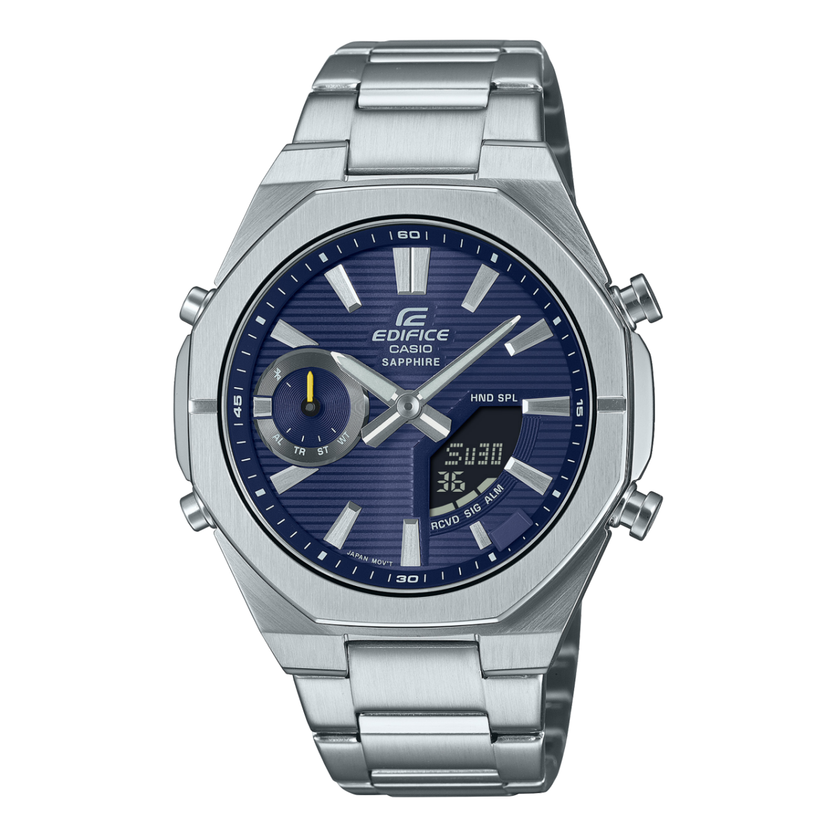Edifice Herrenuhr mit blauem Zifferblatt und silbernem Metallarmband, rundes Gehäuse