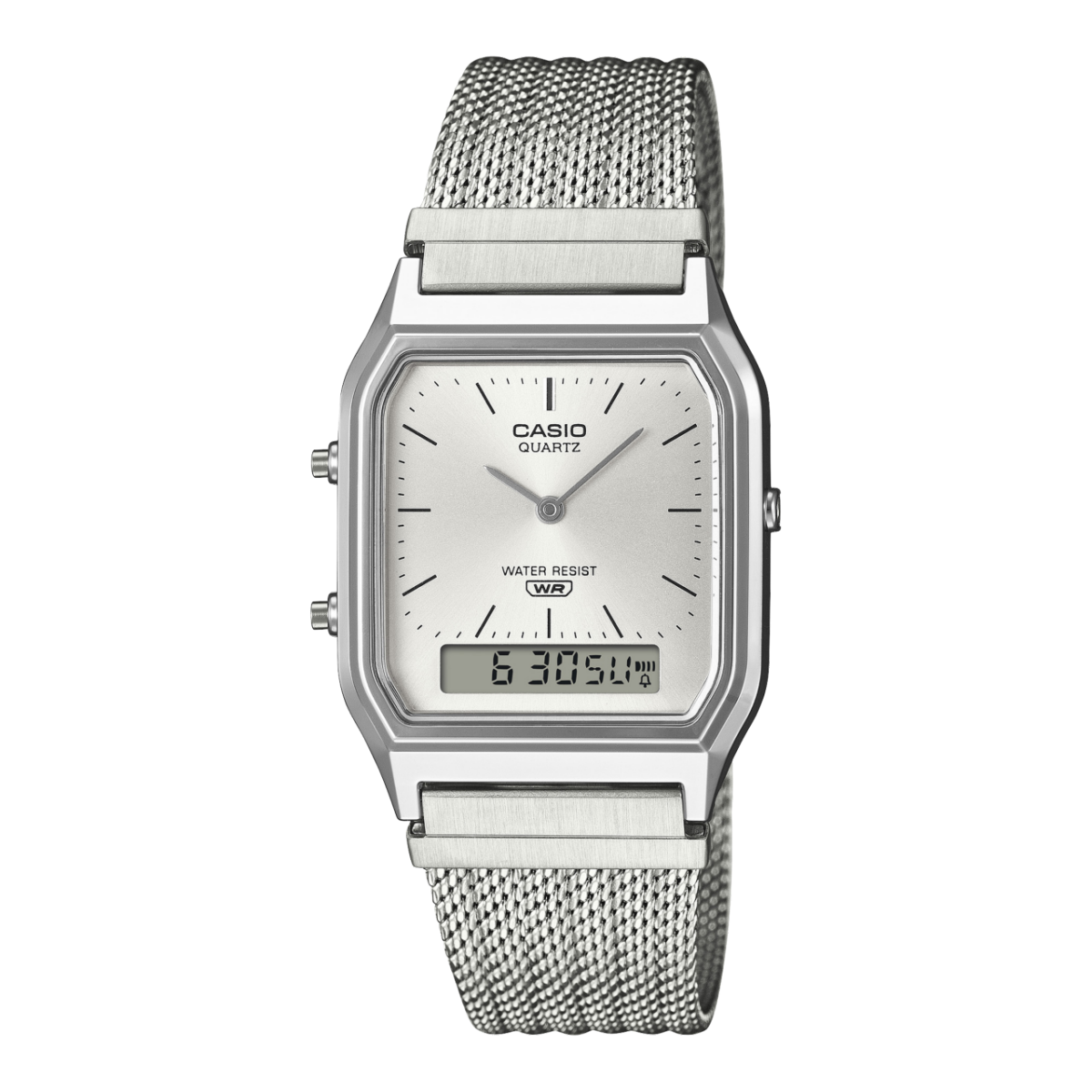 Casio Vintage AQ-230EM-7AEF Armbanduhr Silber • Mesh-Armband • Analog-Digital