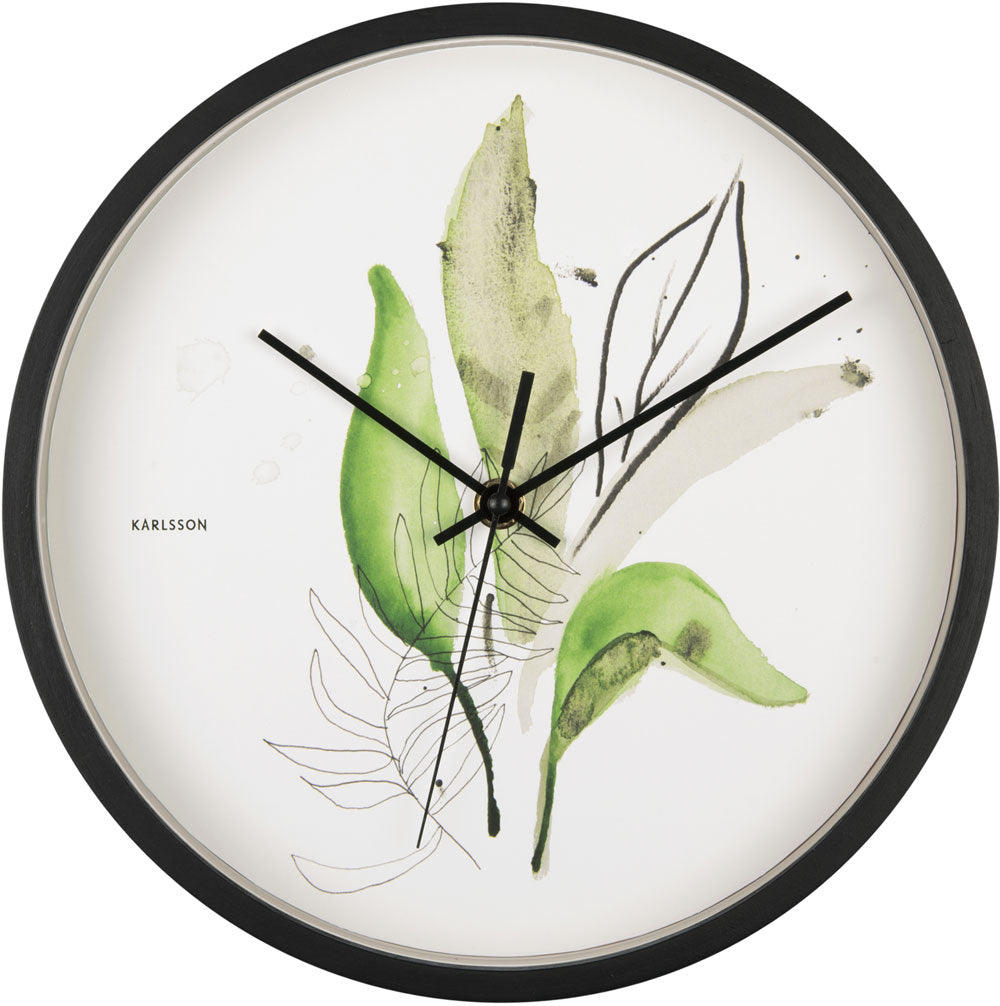 Karlsson Wanduhr 26 cm Ø • Botanical Leaves Design • Modernes Quarzwerk