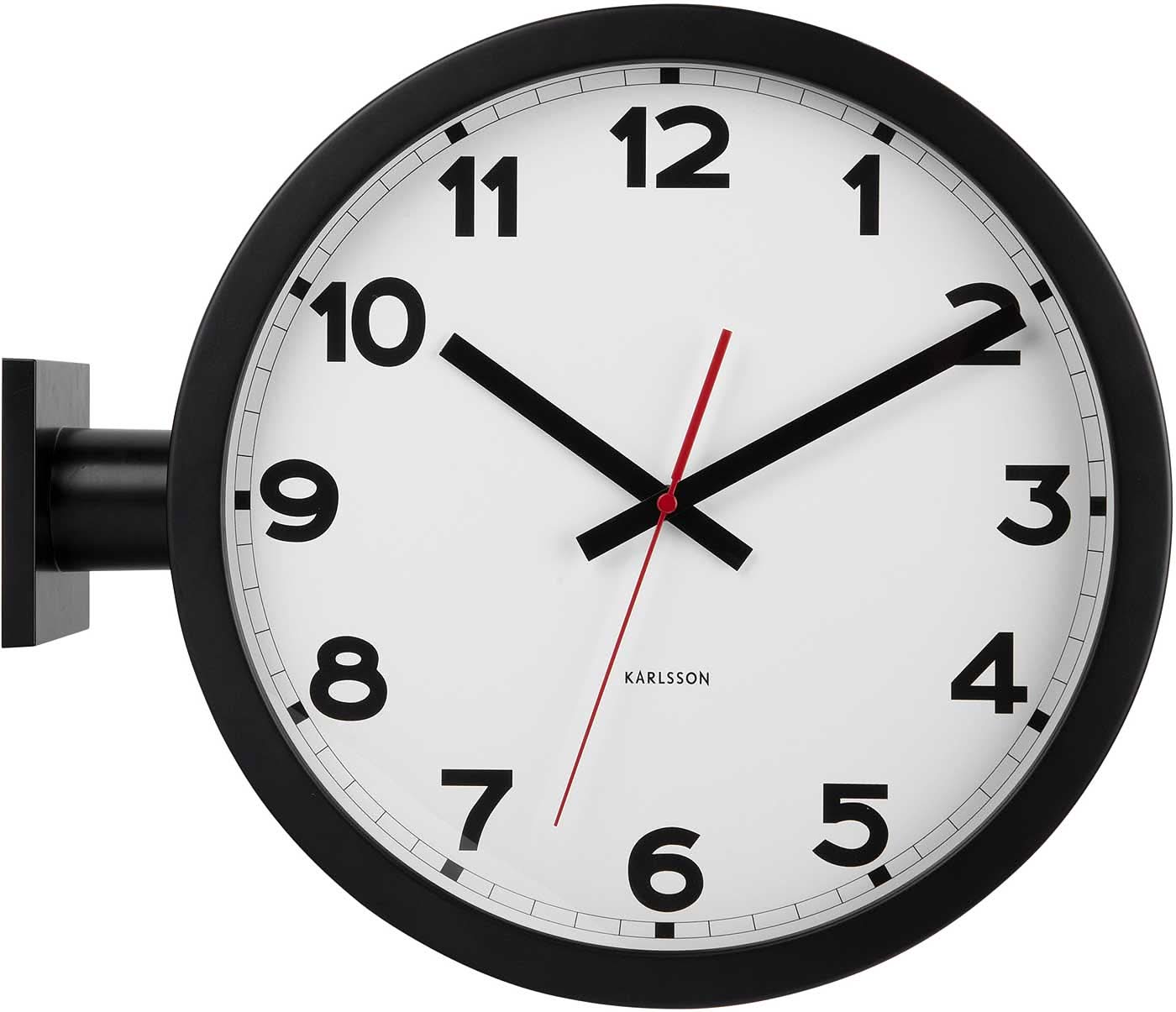 Wanduhr mit schwarzem Rahmen, weißem Zifferblatt und rotem Sekundenzeiger