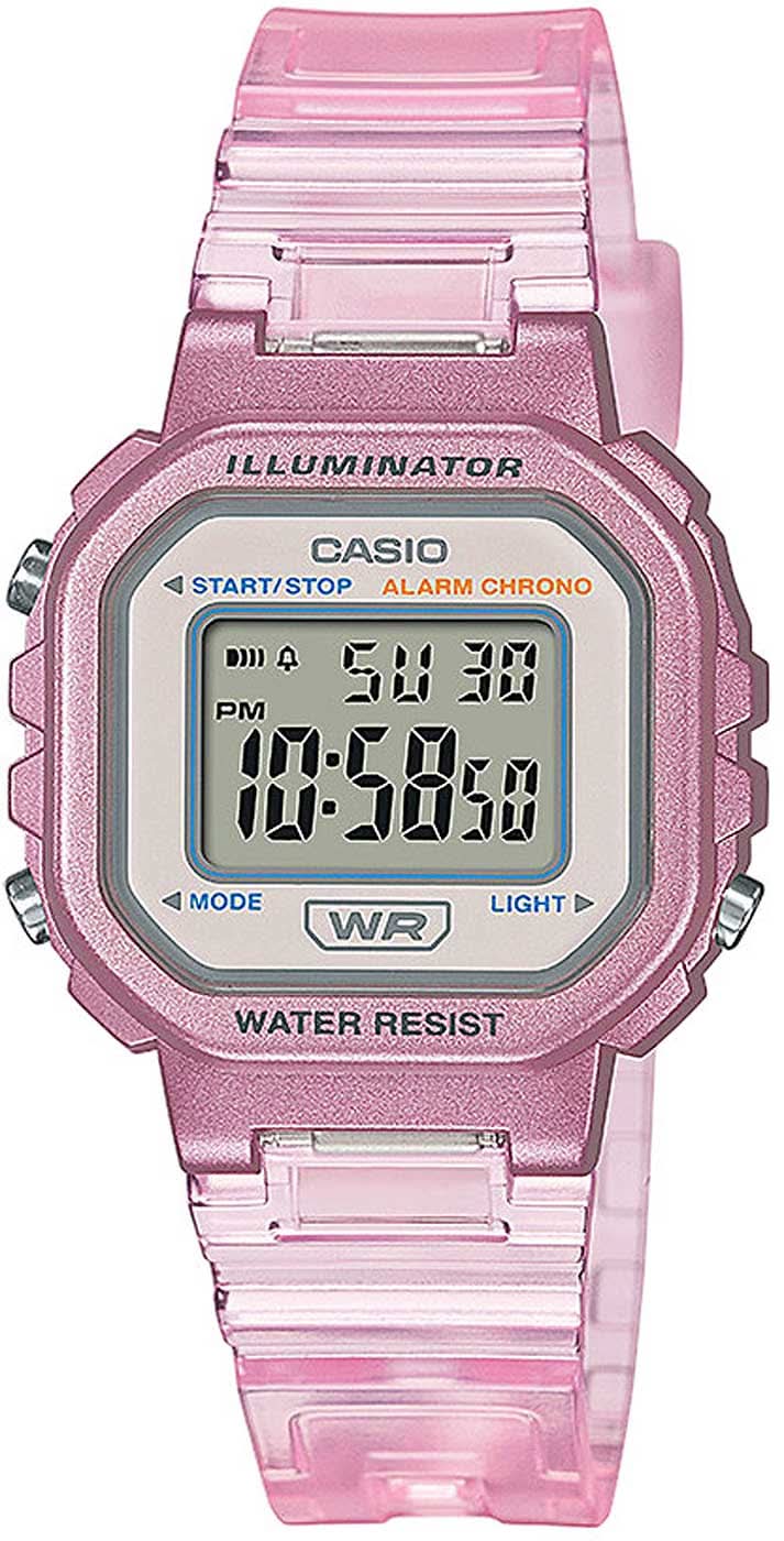 Casio Damenuhr im Retro-Look mit digitalem Display, pinkem Kunststoffarmband