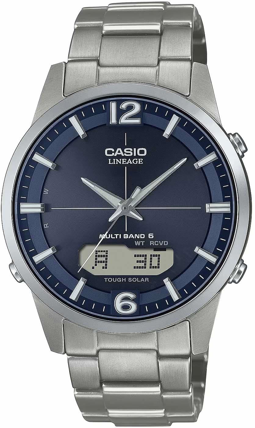 Casio Lineage Herrenuhr mit blauem Zifferblatt und silbernem Metallband, rundes Gehäuse