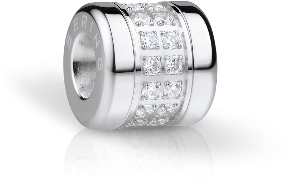 Zylindrischer Edelstahl-Charm mit Zirkonia, silberfarben, mit Öffnung