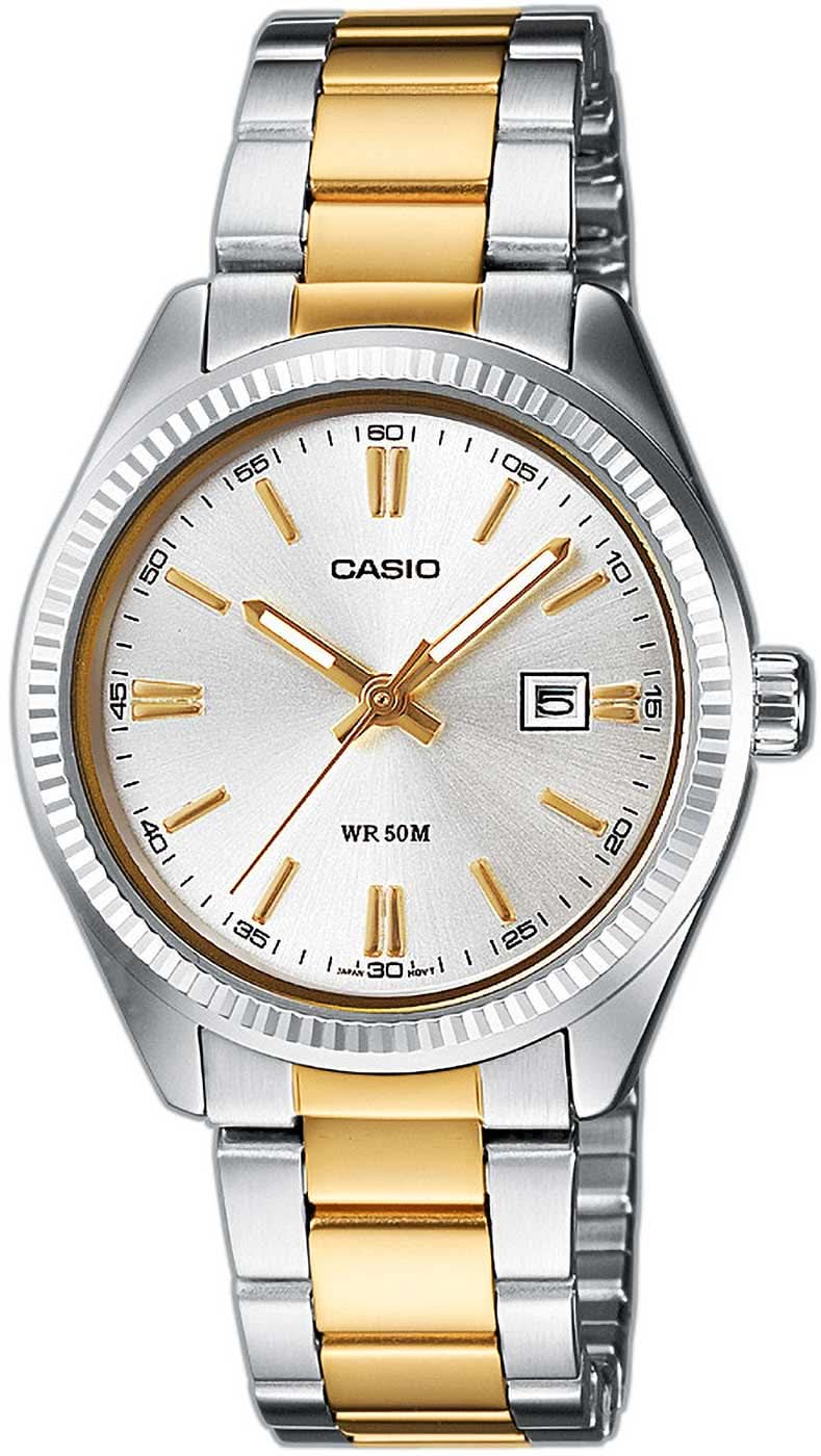 Casio Damenuhr: silber-goldfarbenes Metallband, weißes Zifferblatt, Datumsanzeige