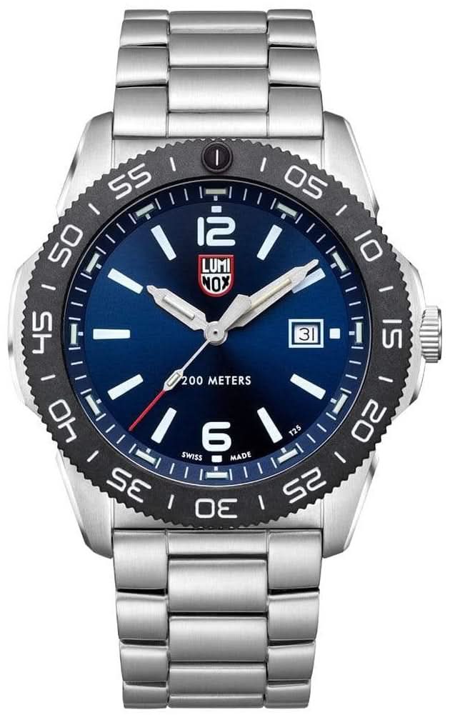 Herrenuhr mit blauem Zifferblatt, Leuchtindizes, Tauchlünette und Edelstahlarmband