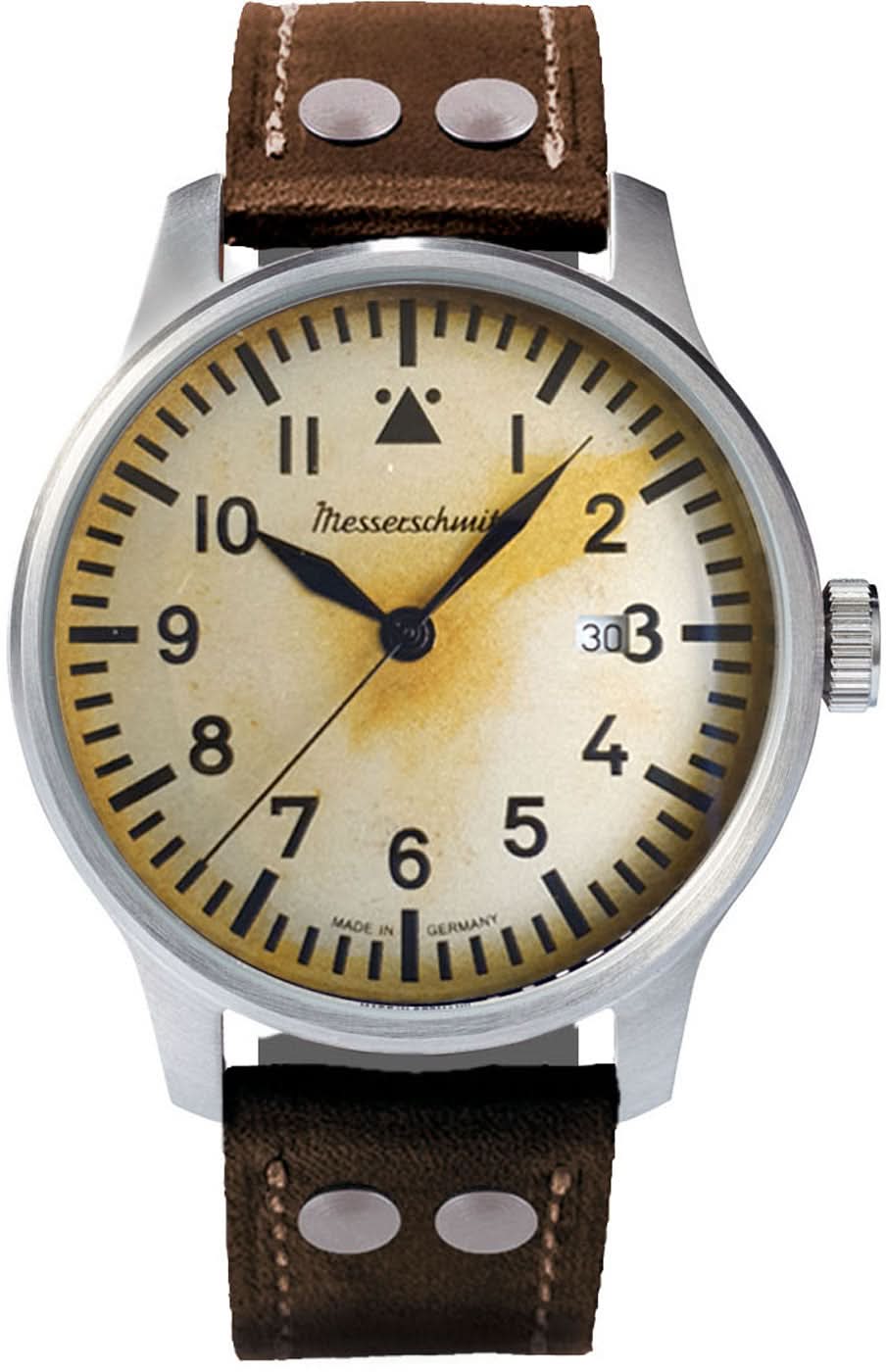 Messerschmitt Herrenuhr mit braunem Lederarmband und gelblichem Zifferblatt