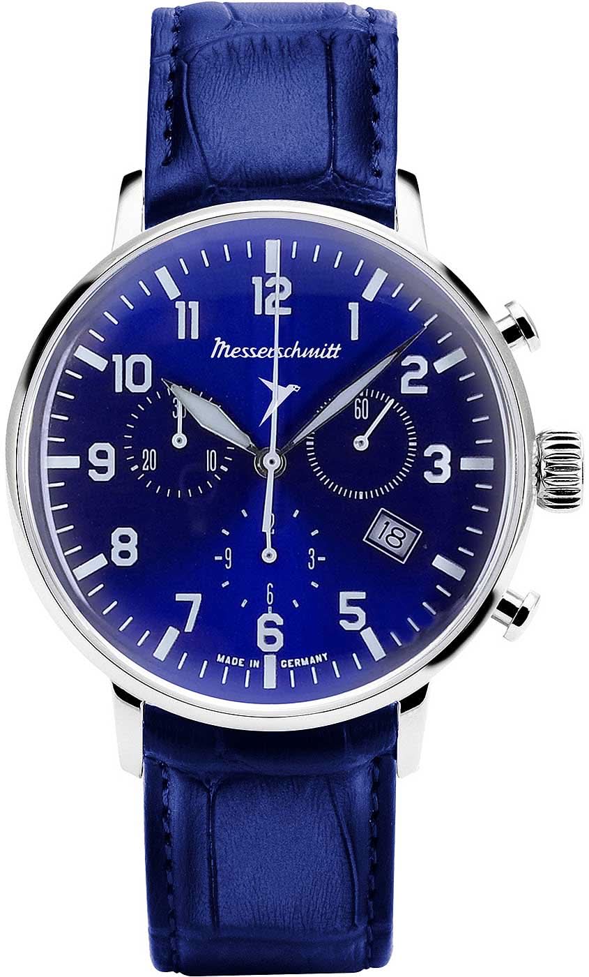 Herrenarmbanduhr von Messerschmitt mit blauem Zifferblatt, Chrono-Anzeige und blauem Lederarmband