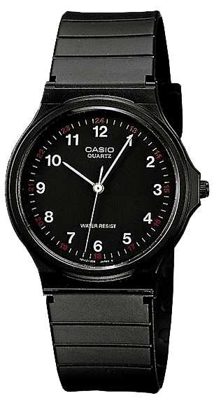 Casio MQ-24-1BLLEG Uhr, analog, schwarzes Zifferblatt und schwarzes Armband.