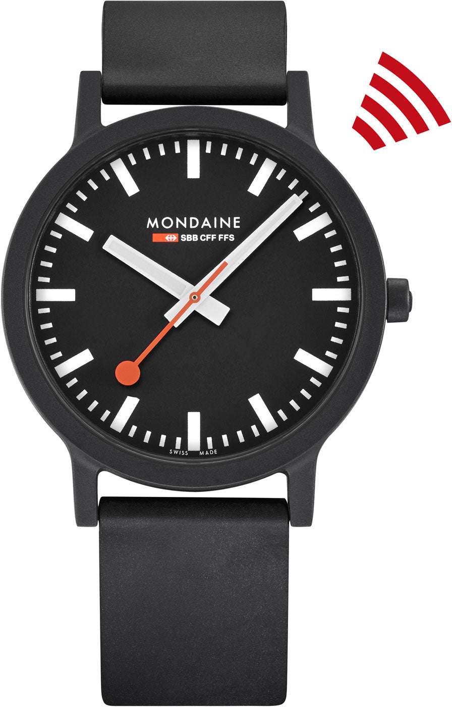 Mondaine Essence MS1.41110.RB Uhr • Schweizer Design-Klassiker • Roter Sekundenzeiger (Kelle)