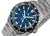 Herrenuhr mit blauem Zifferblatt, schwarzer Lünette und gelber GMT-Markierung.