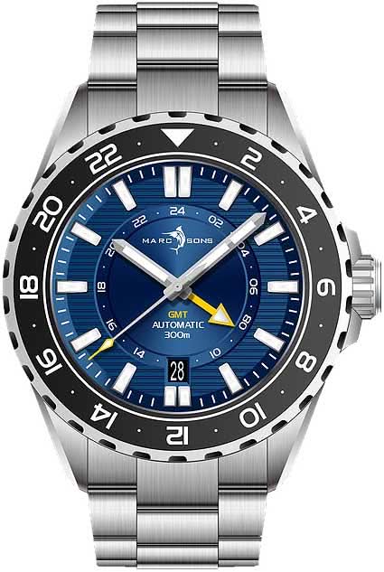 Herrenuhr: blaues Zifferblatt, GMT-Anzeige, Stahlarmband und schwarze Lünette.