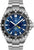 Herrenuhr: blaues Zifferblatt, GMT-Anzeige, Stahlarmband und schwarze Lünette.