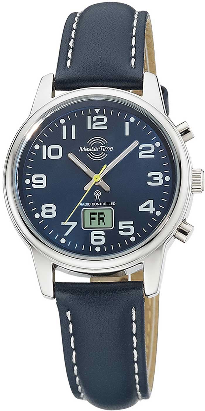Damenuhr mit blauem Lederarmband und dunkelblauem Zifferblatt mit Datumsanzeige „FR“