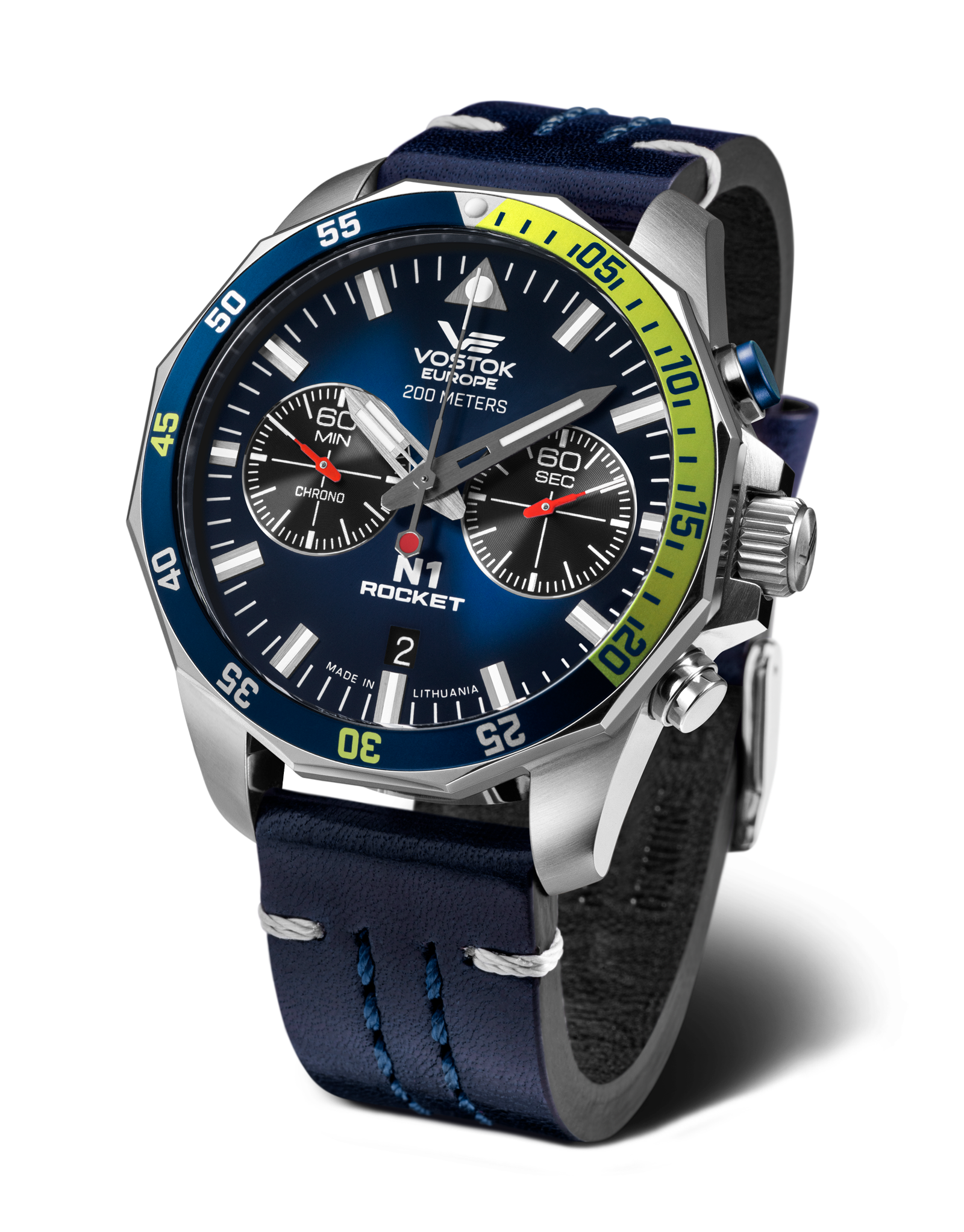 Vostok Europe Herrenarmbanduhr Rocket N1 mit blauem Zifferblatt und dunkelblauem Lederarmband