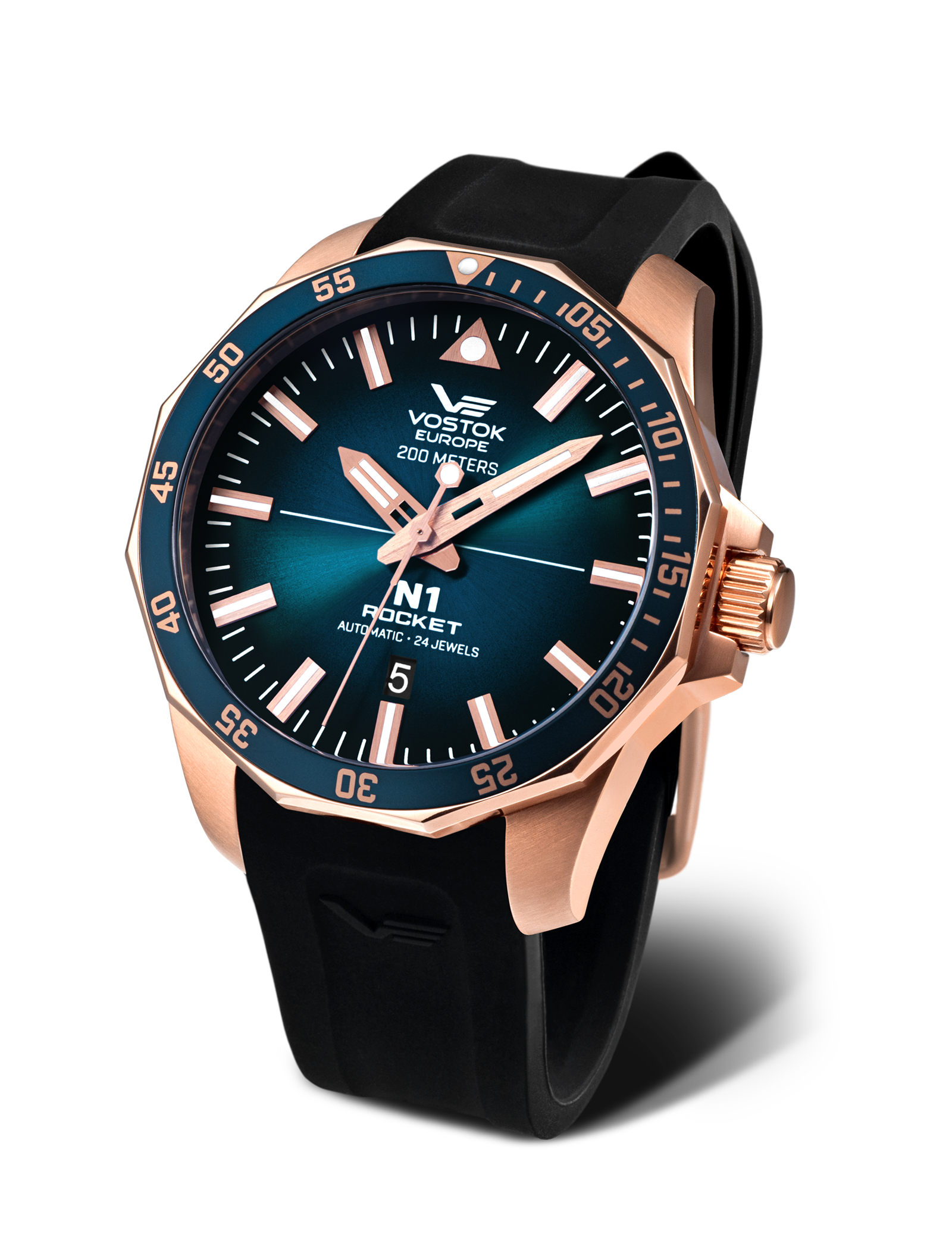 Vostok Europe Herrenuhr mit blauem Zifferblatt, roségoldener Lünette und schwarzem Band