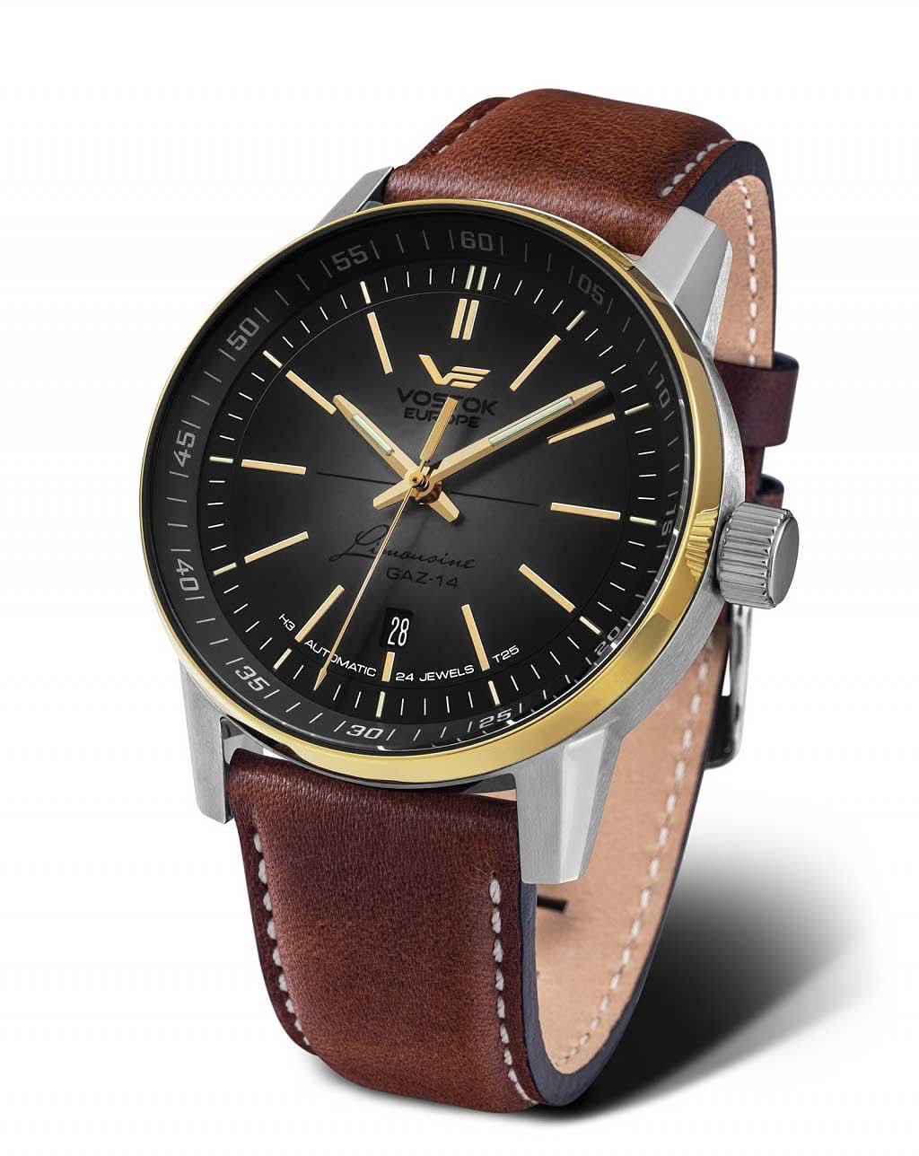 Herrenarmbanduhr mit braunem Lederarmband, schwarzem Zifferblatt und Datumsanzeige