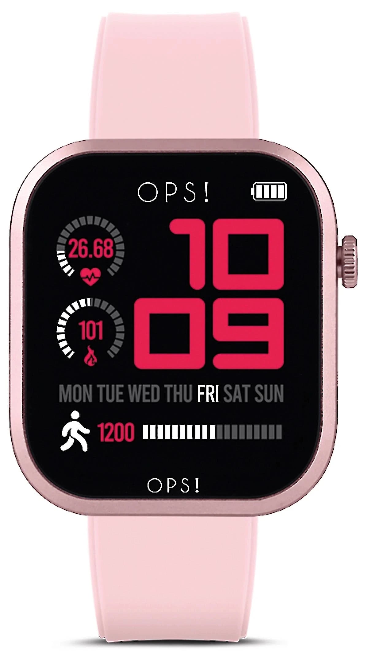 Smartwatch mit rosafarbenem Gehäuse und pinkem Silikonarmband, digitales Display mit Uhrzeit