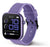 Smartwatch mit lila Silikonarmband, seitlicher Taste am Gehäuse, rundes Display
