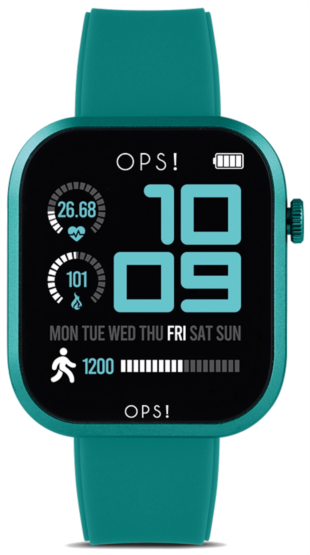 Smartwatch mit rundem türkisfarbenem Armband und digitaler Anzeige 10:09