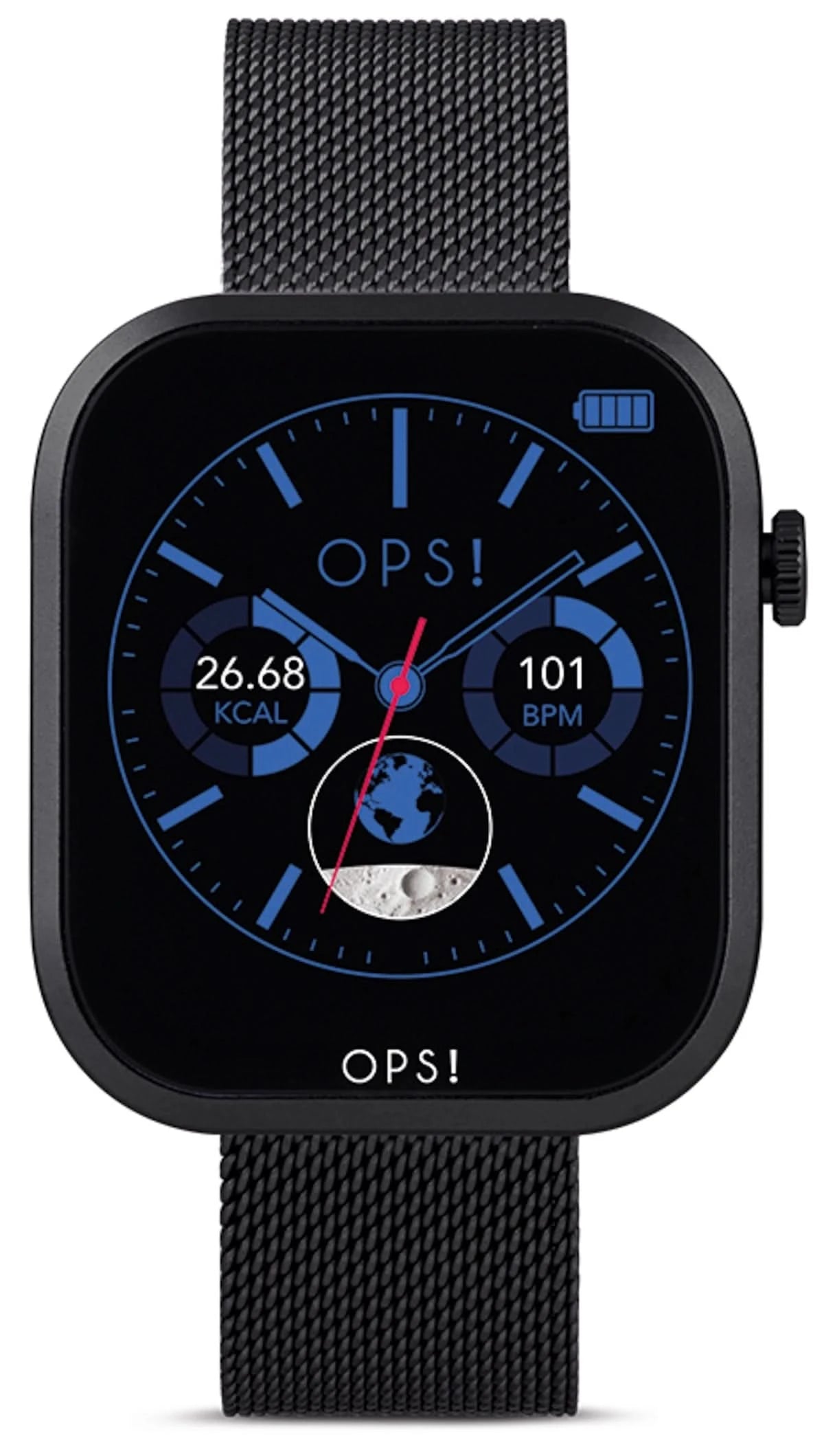 Damen-Smartwatch mit schwarzem Gehäuse, blauem Display und schwarzem Metallgeflecht-Armband