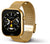 Smartwatch mit goldfarbenem Mesharmband, schwarzem Display und Seitenknopf