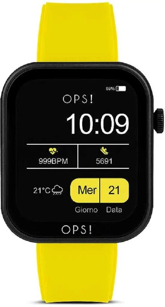 Unisex-Smartwatch mit schwarzem Display und gelbem Silikonarmband, 10:09