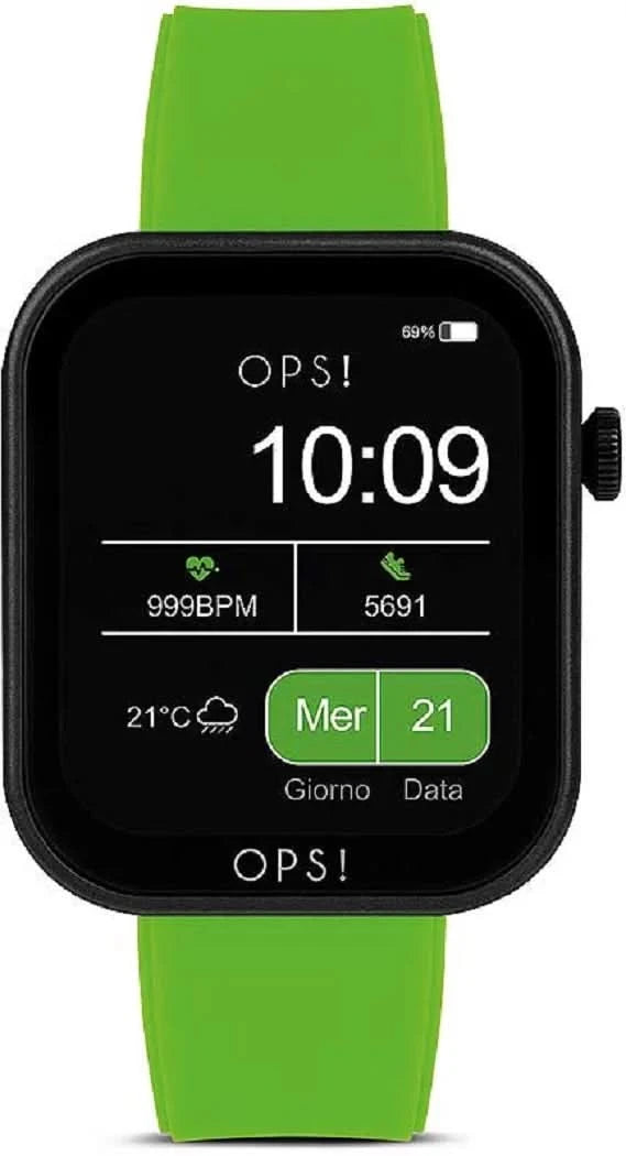 Unisex-Smartwatch mit grünem Silikonarmband und schwarzem Display, Uhrzeit 10:09