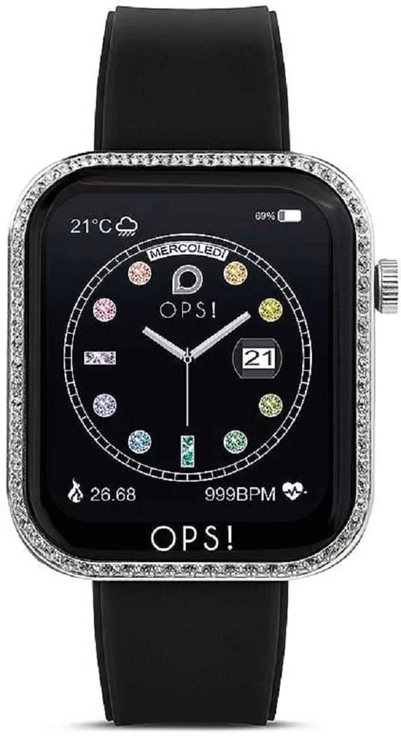 Smartwatch mit schwarzem Silikonarmband und rechteckigem Display mit Strassrand