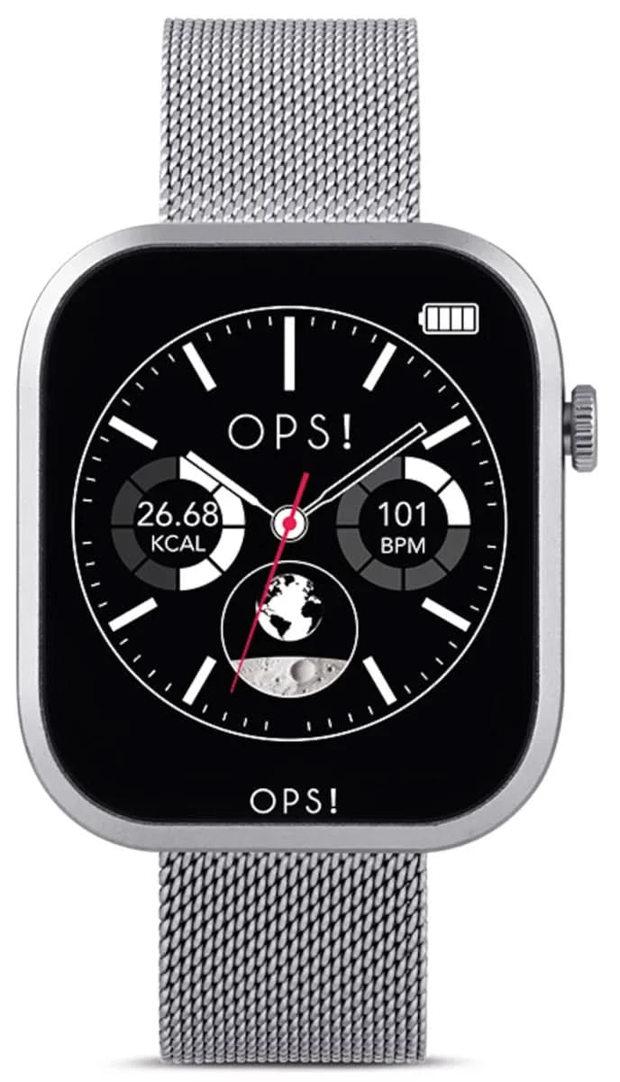 Unisex-Smartwatch mit silbernem Edelstahl-Meshband und schwarzem Display