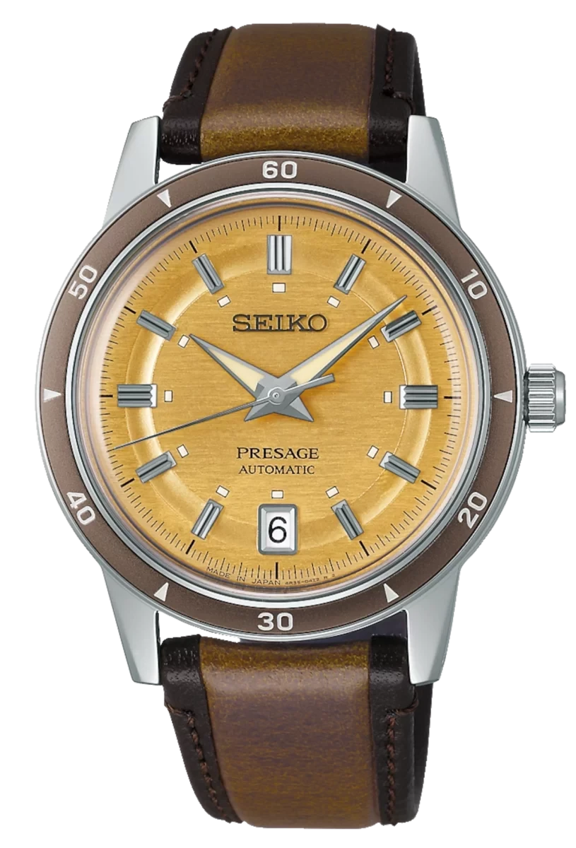 SEIKO Presage Herrenuhr mit gelbem Zifferblatt, braunem Lederband, silbernem Gehäuse