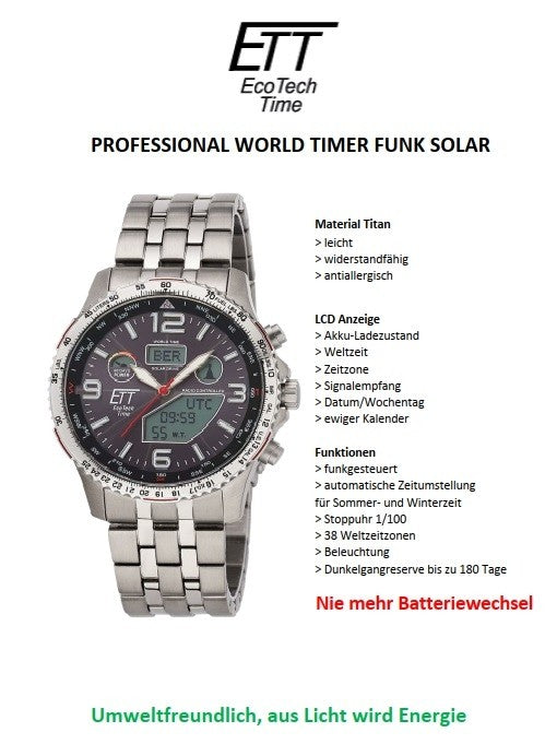 Herrenuhr, Funk-Solar-World-Timer aus Titan - Schwarzes Zifferblatt - Eco Tech Time Modell: EGT-11718-22L