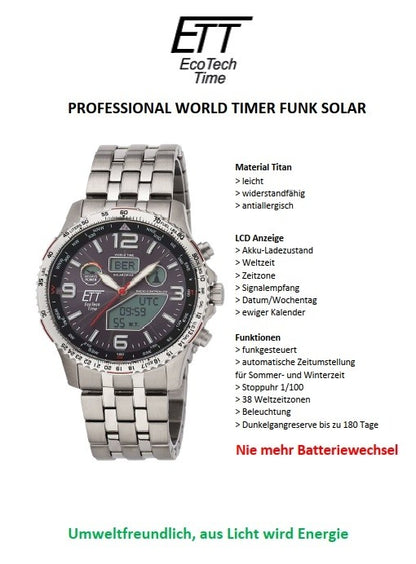 Herrenuhr, Funk-Solar-World-Timer aus Titan - Schwarzes Zifferblatt - Eco Tech Time Modell: EGT-11718-22L