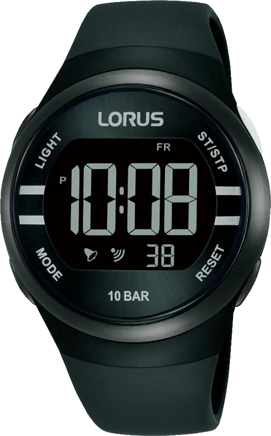 Lorus Digitaluhr mit schwarzem LCD-Display und Kautschukarmband, 10 BAR