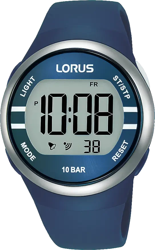Lorus digitale Armbanduhr mit rundem Gehäuse, blauem Silikonarmband und Anzeige 10 BAR